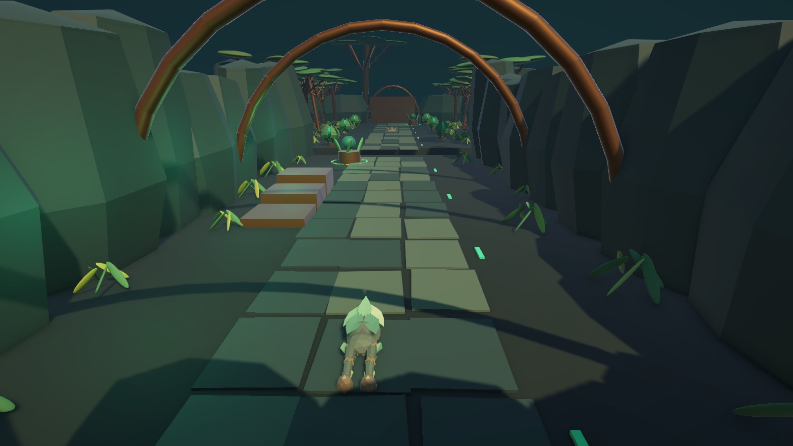 After: stone path, root arches, warmer light and the Blender-built player model