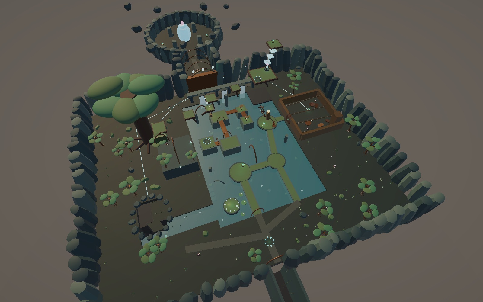 The Sunken Grove blockout from above: the basin, the Water Ruins, the hearttree and the Seed Vault at the top