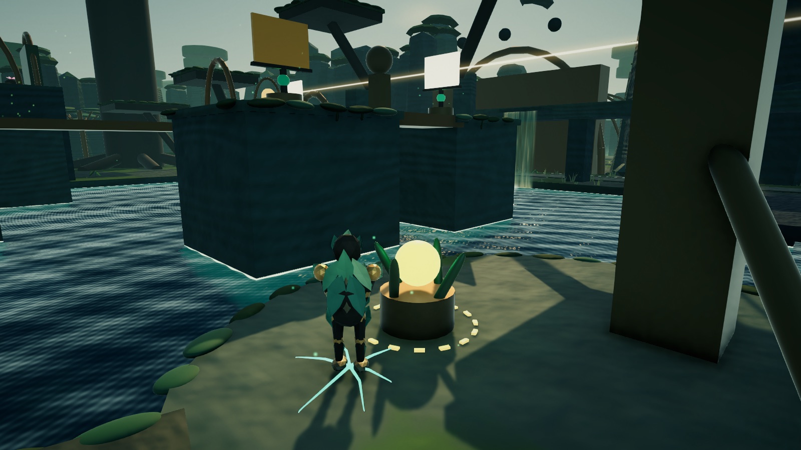 Mirrors on their pedestals near the engine, with the beam crossing the ruins behind them