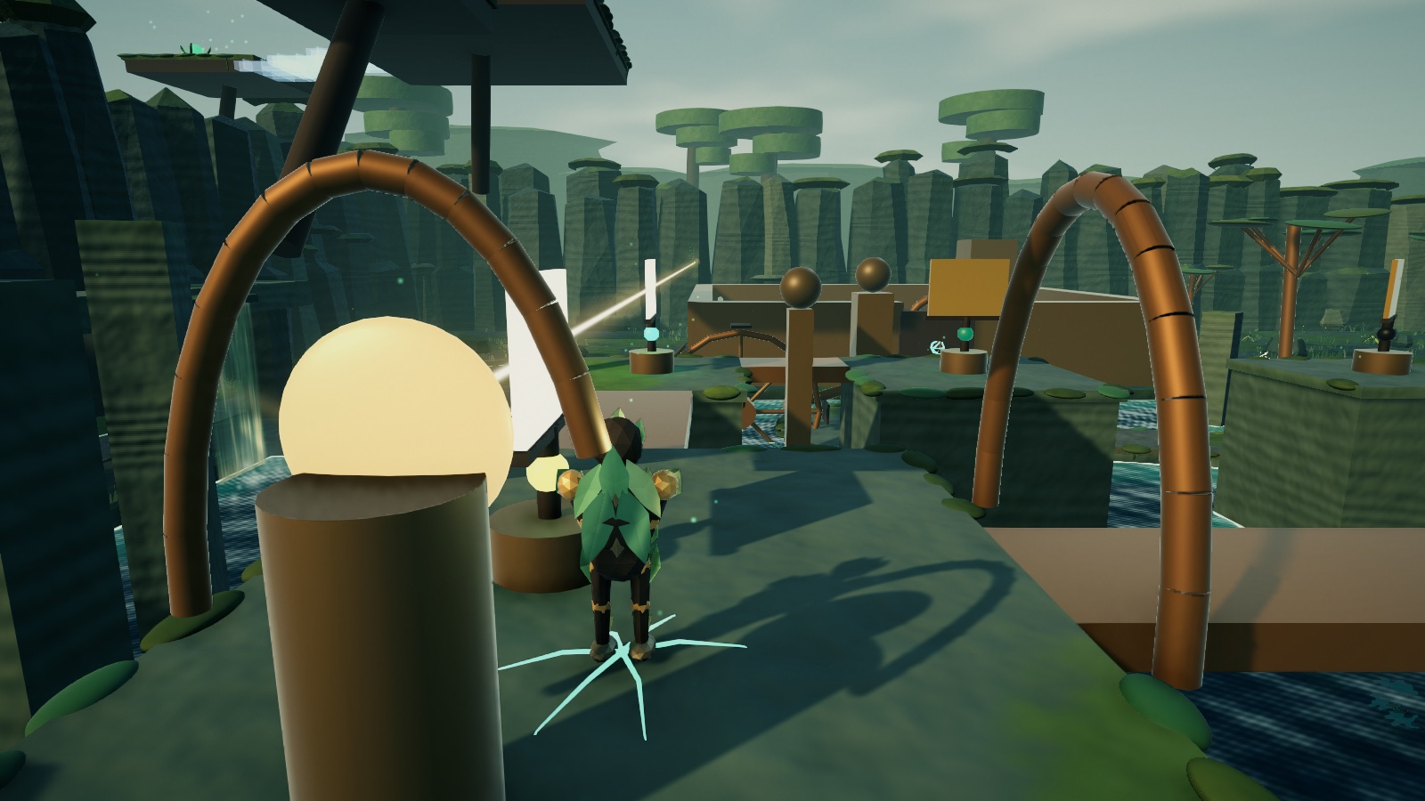 The north ruins: a lit crystal in the foreground and the beam running between mirror posts