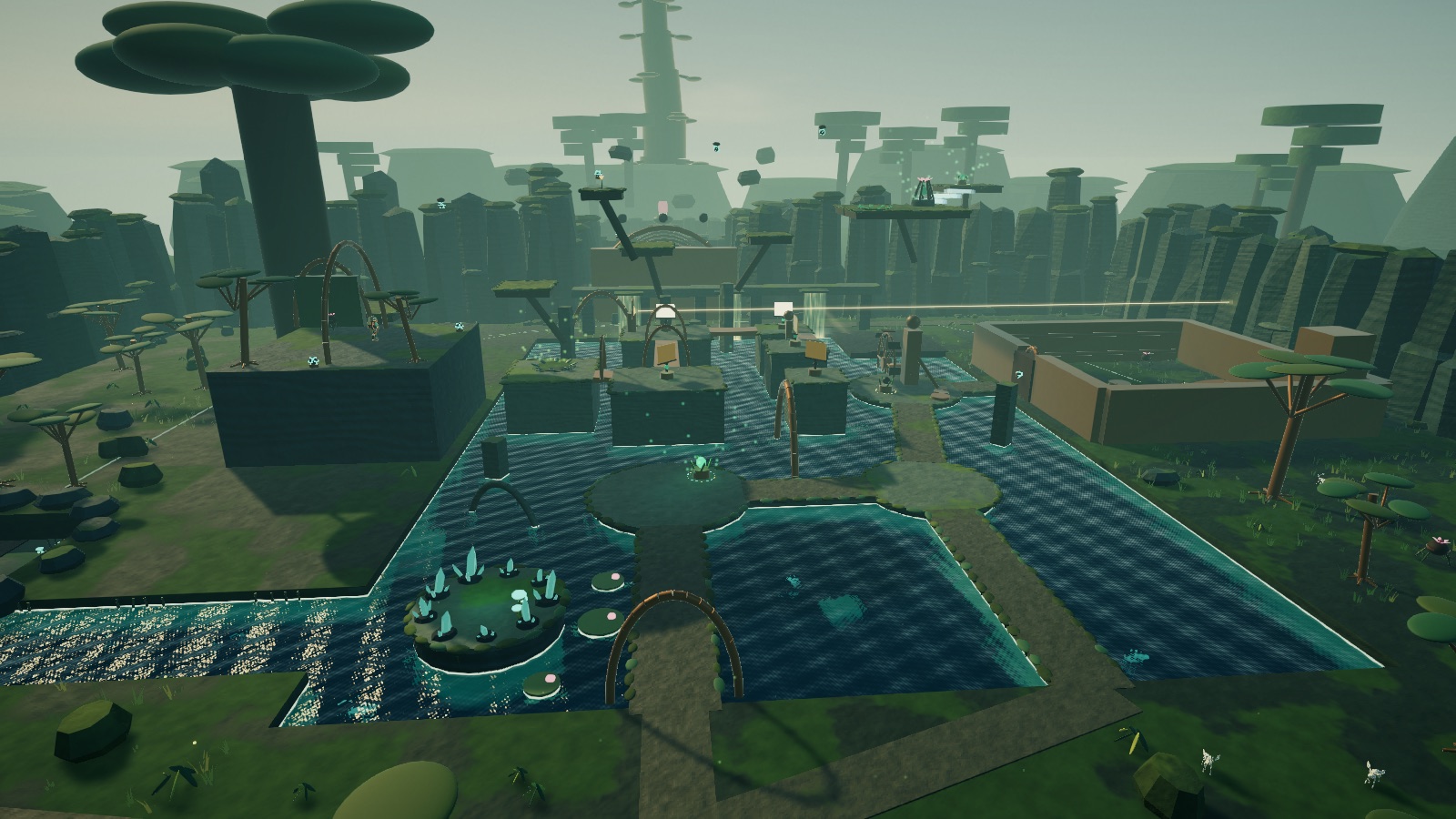 After: the same view with the ground shader, cliff pillars, crystal island, distant hills and haze