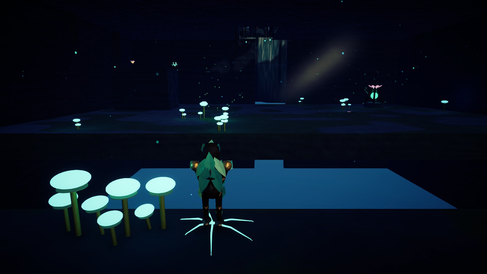 The Hollows after the pass: a dark cave lit by glowing mushrooms and a shaft of light