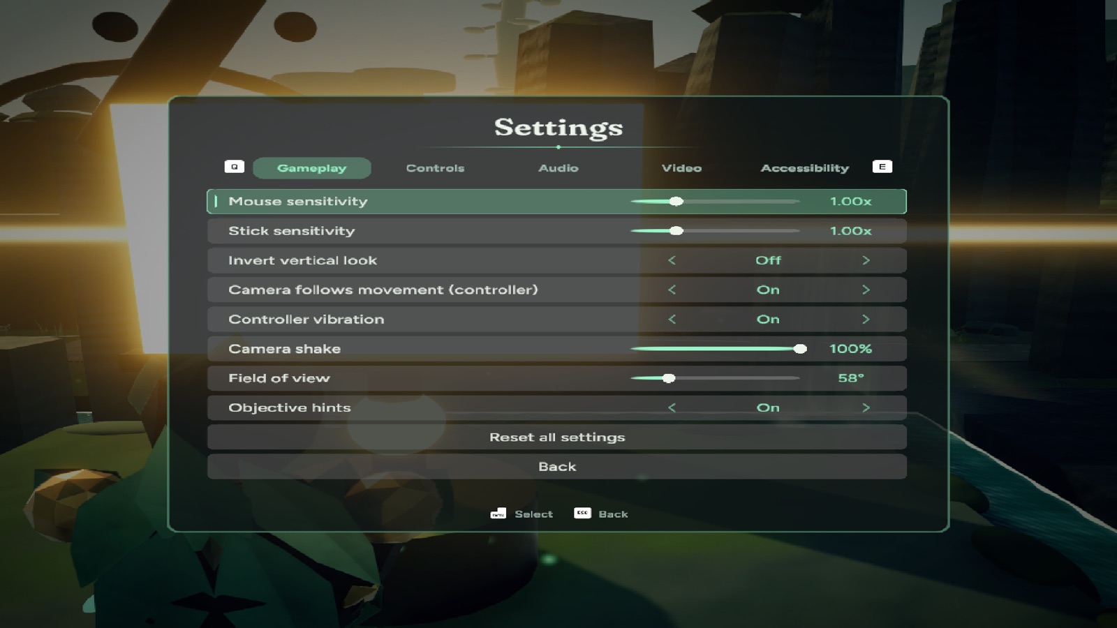 The new camera-follow and controller-vibration settings, shown in the Settings screen as restyled later that evening