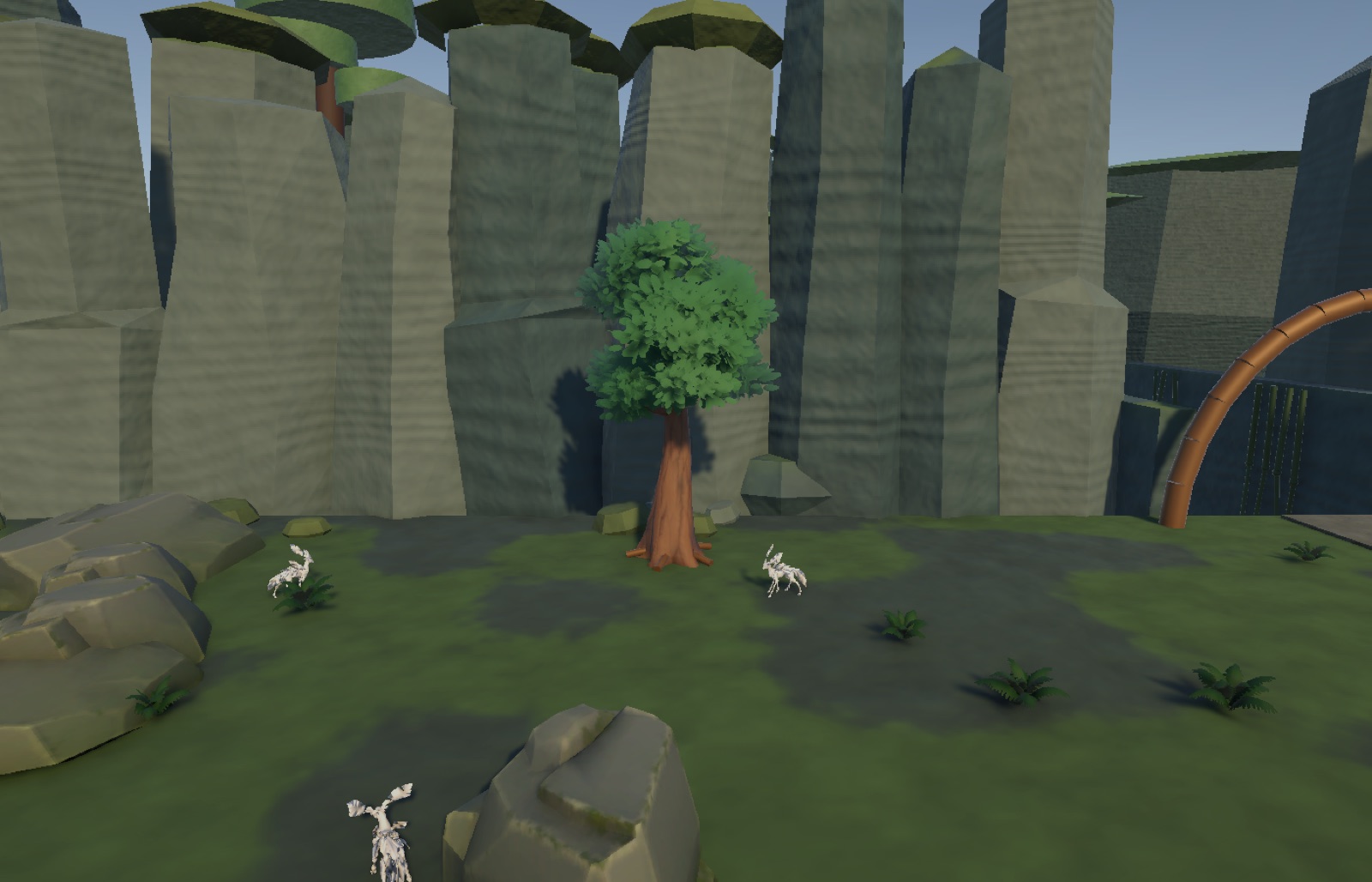 Placeholder tree, rocks and ferns from the nature pack in the Grove (Editor capture)