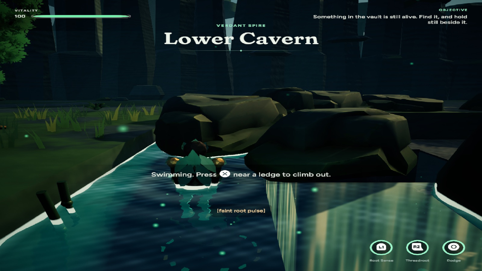 The new HUD with a simulated PlayStation pad: L1/R2/Circle badges and a Cross prompt while swimming