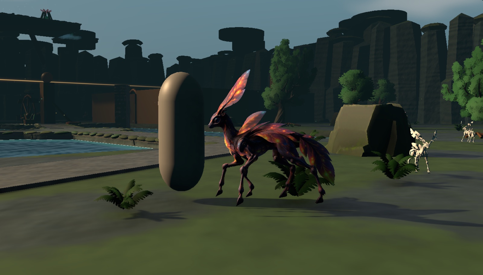 In the Verdant Spire beside a 2 m capsule standing in for the player; the old pale Grazers are behind