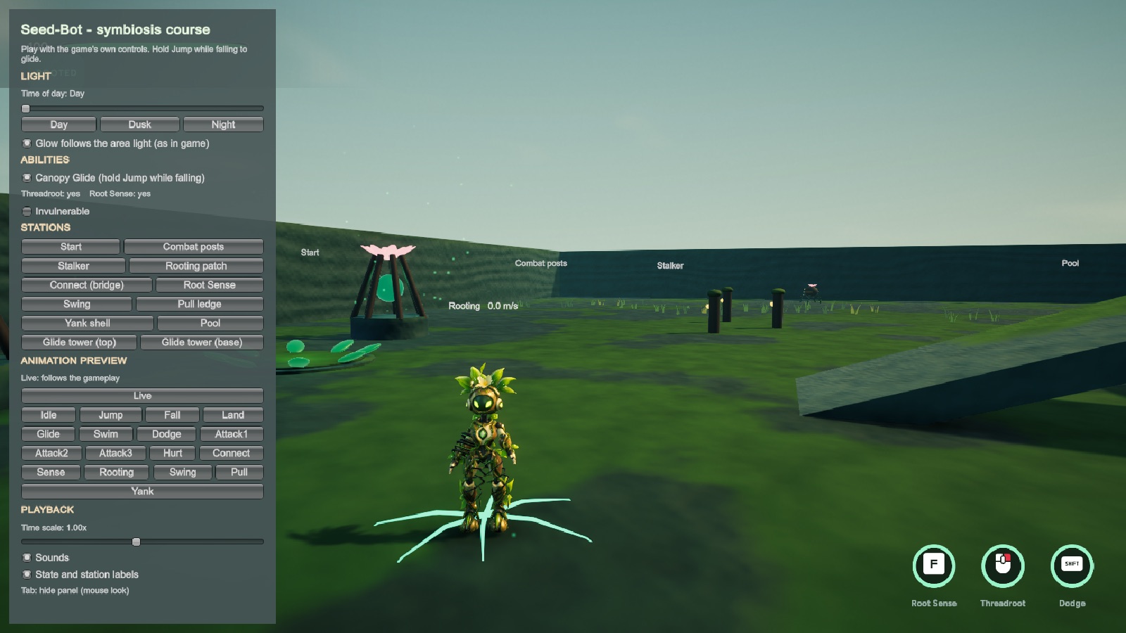 The Seed-Bot in its test course, rooting, with the station panel