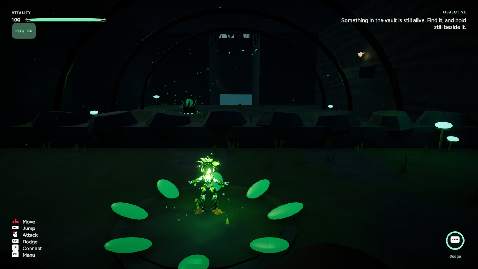 New Game through the Bootstrap scene: the Seed in the Vault with HUD and objective