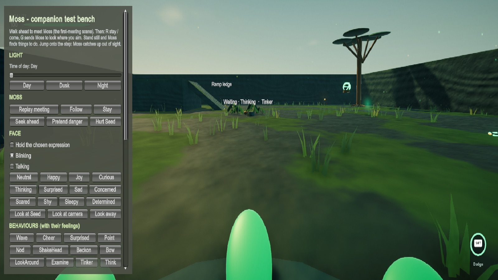 Same spot in first person: eye level, body hidden; the green shapes are the spawn bed's petals