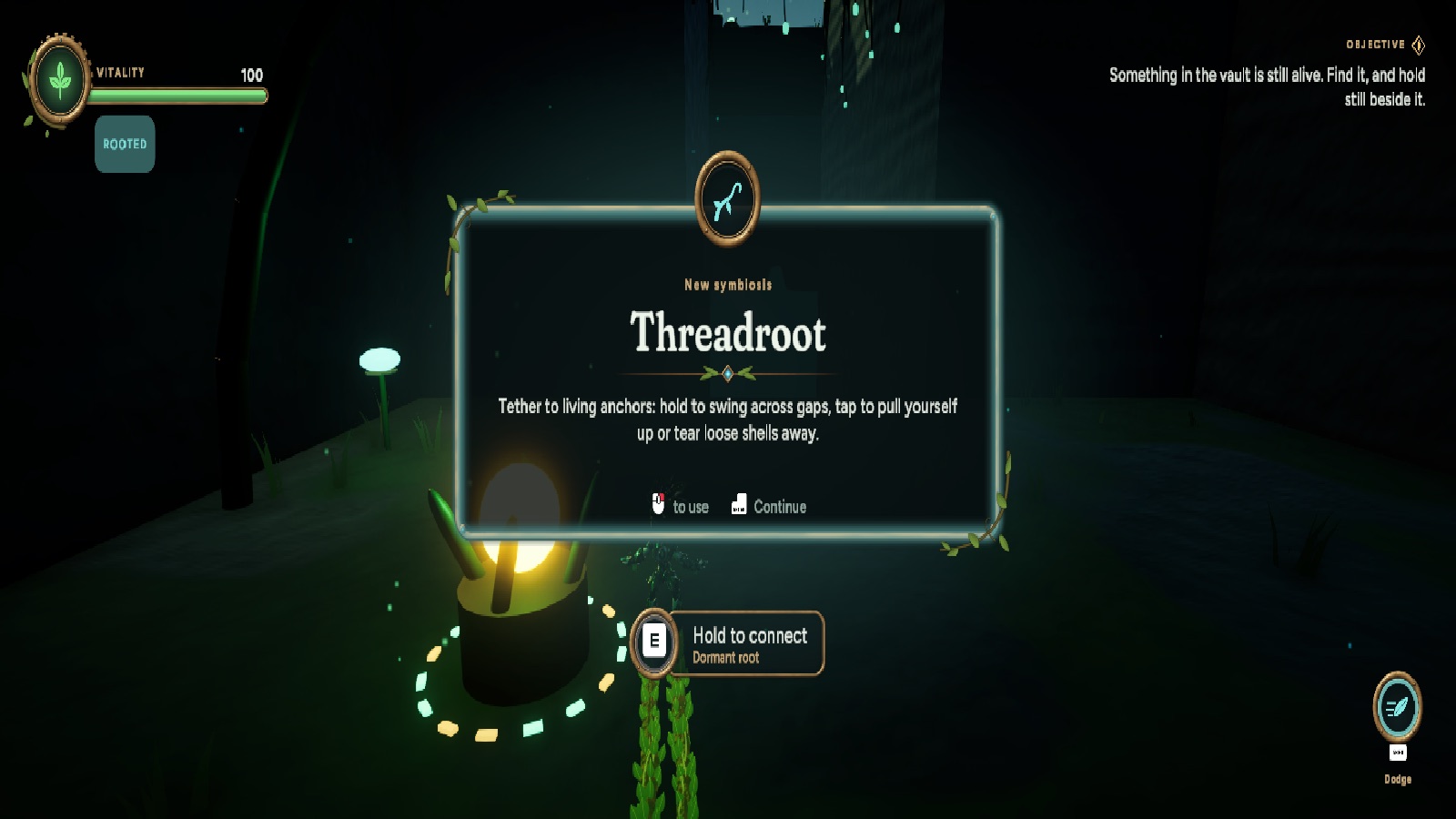 The drawn version: new-symbiosis card, connect prompt and vitality gauge