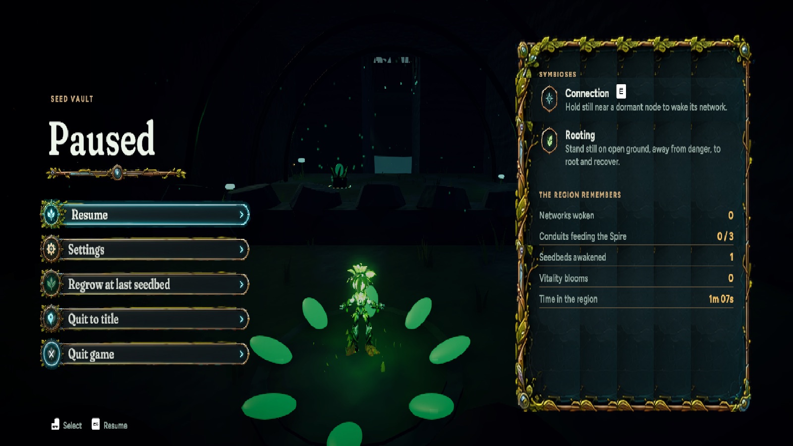 Pause menu with the sheet's medallion buttons and vine frame