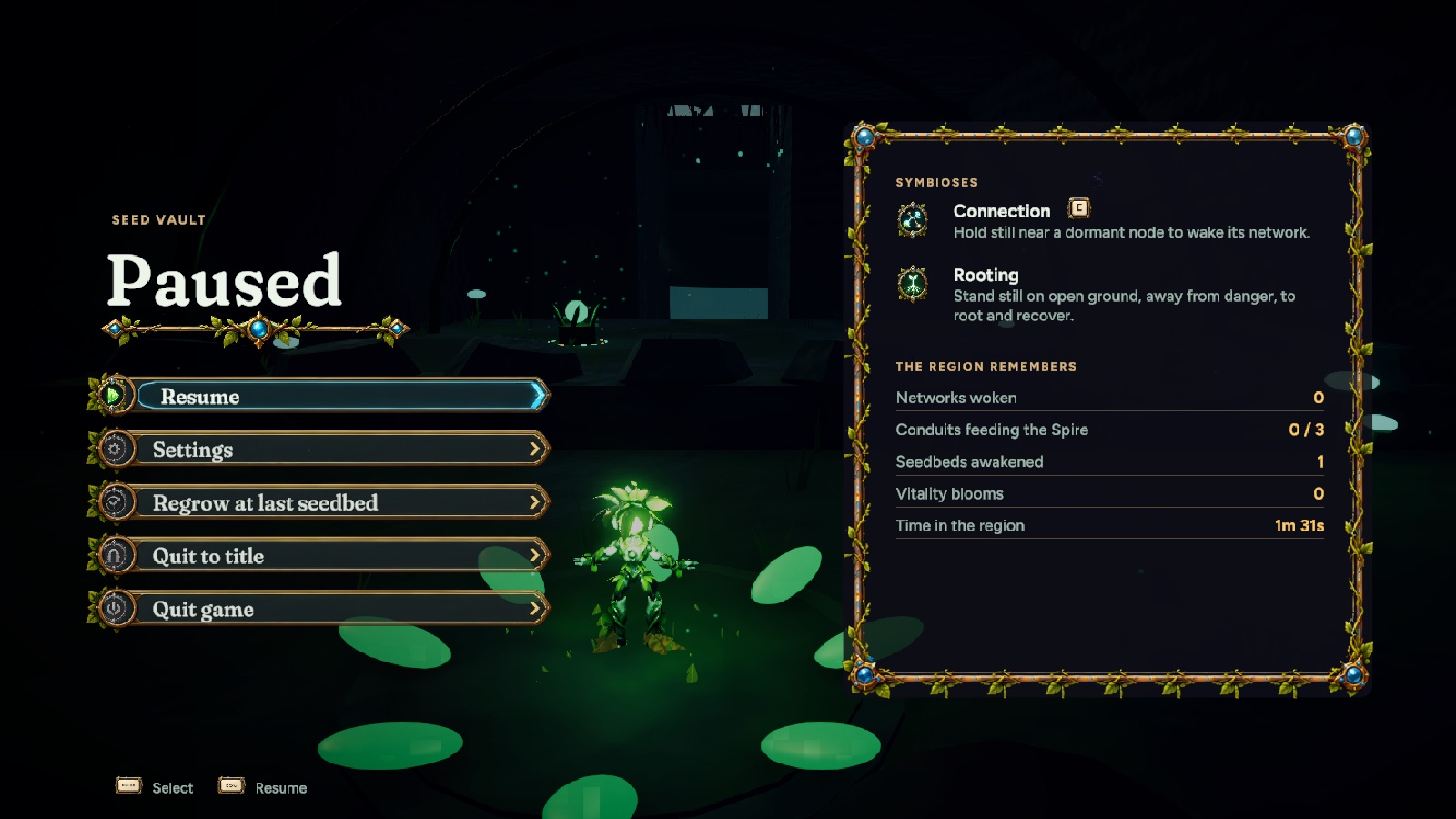Final pause menu: lit medallion on the selected entry, gem-cornered panel