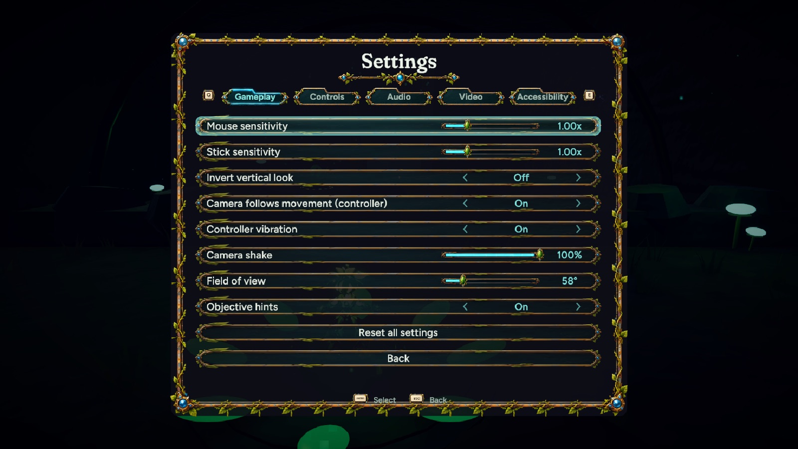 Settings: row states, folder tabs, cyan slider fills and key caps in the hints