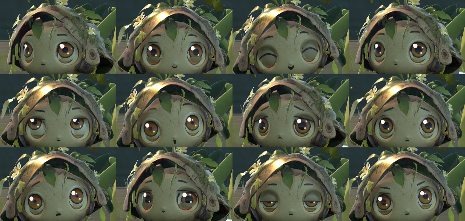Moss's face: the 12 expressions, each with its own eyes, lids, brows and mouth