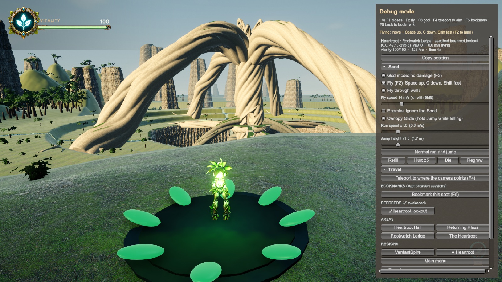 The panel in Heartroot: live readout, Seed switches, travel (seedbeds, areas, regions). Taken before the review fixes; a stray horizontal scrollbar was removed afterwards.