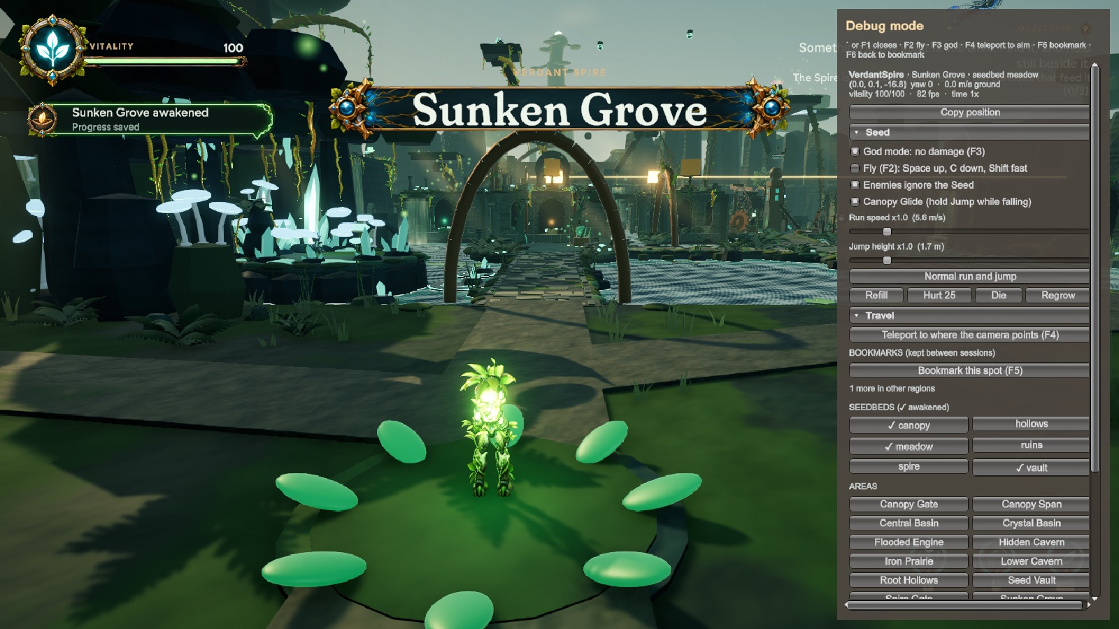 Verdant Spire, loaded from the panel's region buttons: 6 seedbeds (✓ = awakened) and every area as a teleport.