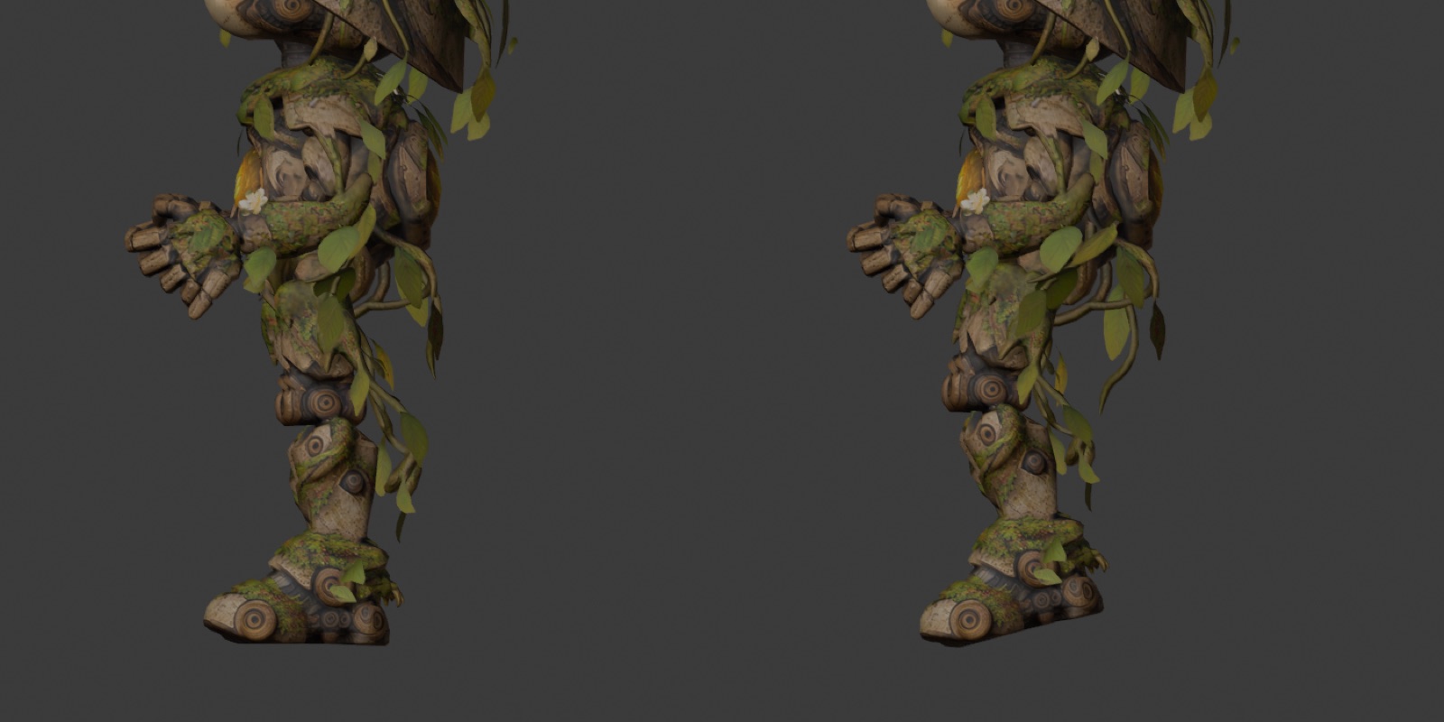 Moss's look-around at its highest point: before (left) the foot stays flat and the leg locks straight; after (right) the heel lifts and the knee keeps a soft bend