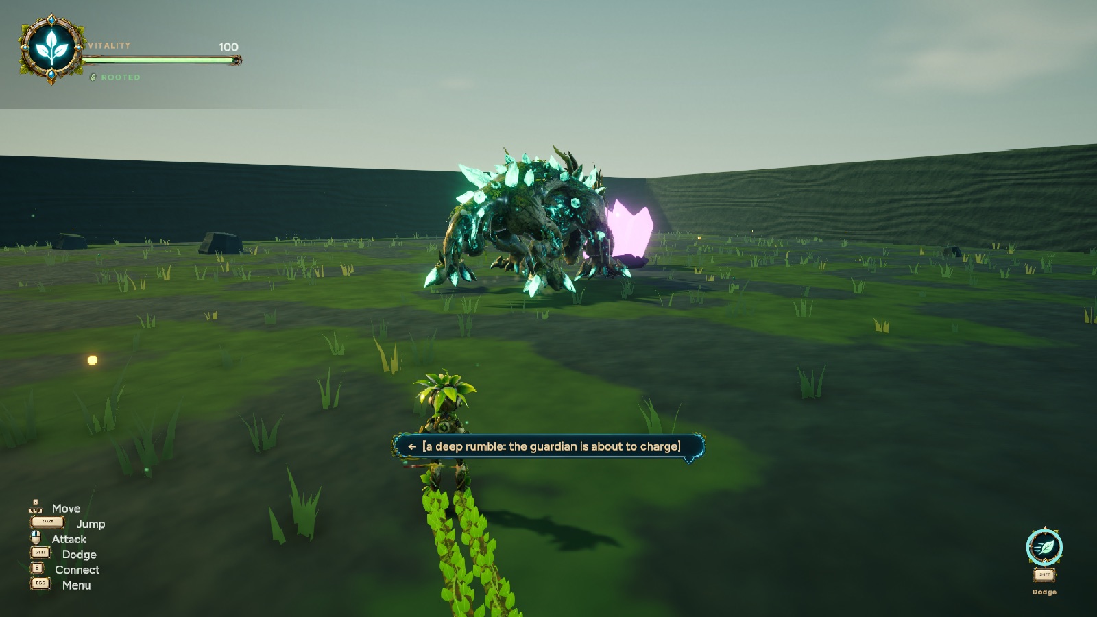 The witness scene's wide shot: the Seed, the guardian and the corrupted node (pink)