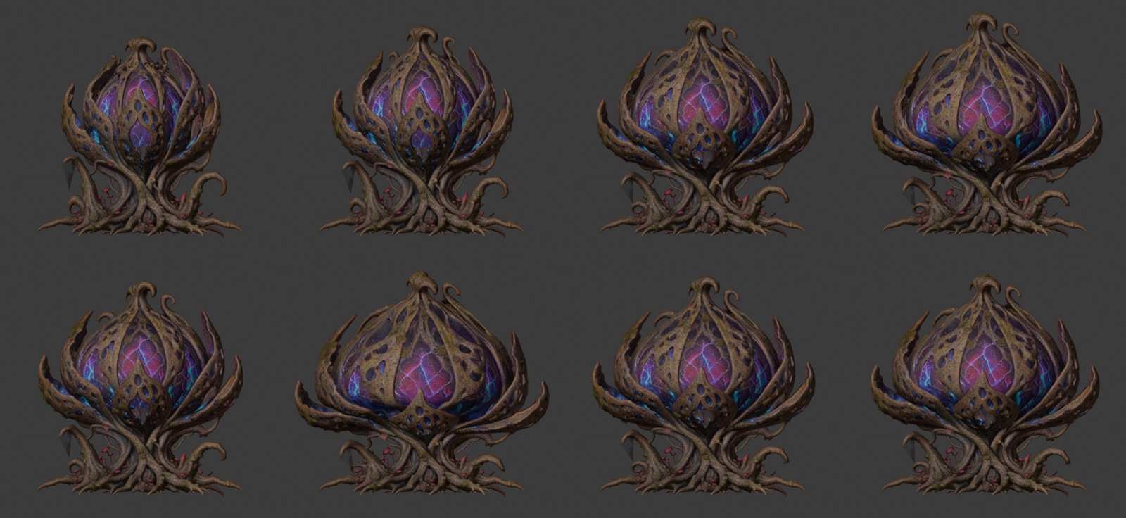 Front view, left to right and top to bottom: Young, Dormant, Charging, Active; Discharge gather, burst, recoil; Absorb swell.