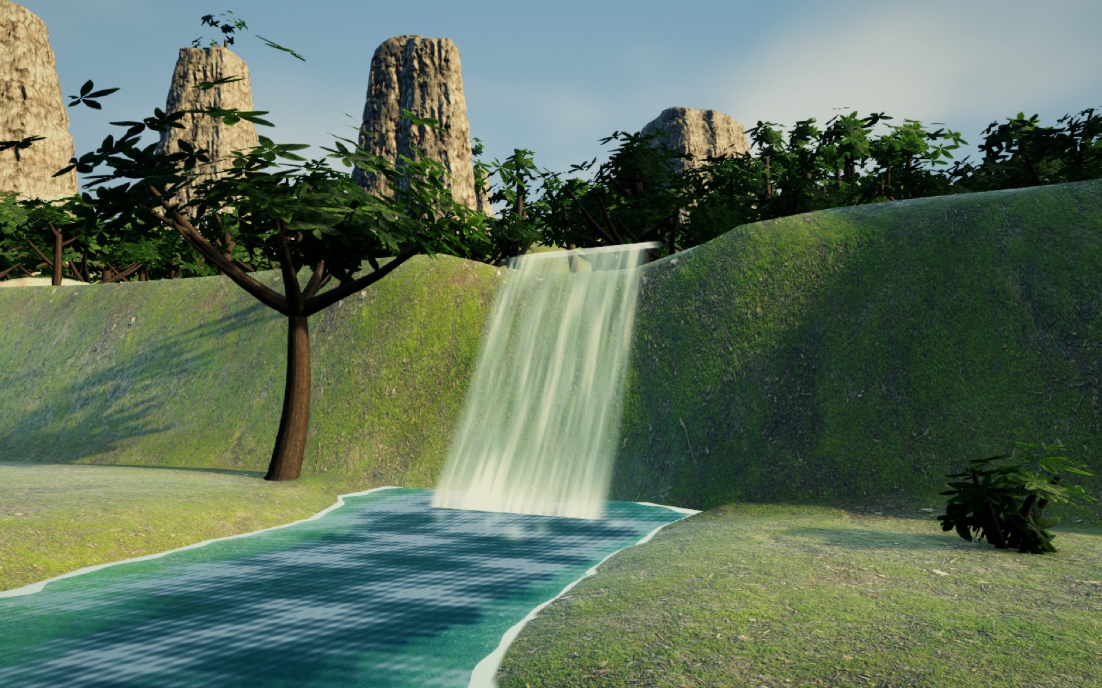 A cascade down a terrace bank into its pool