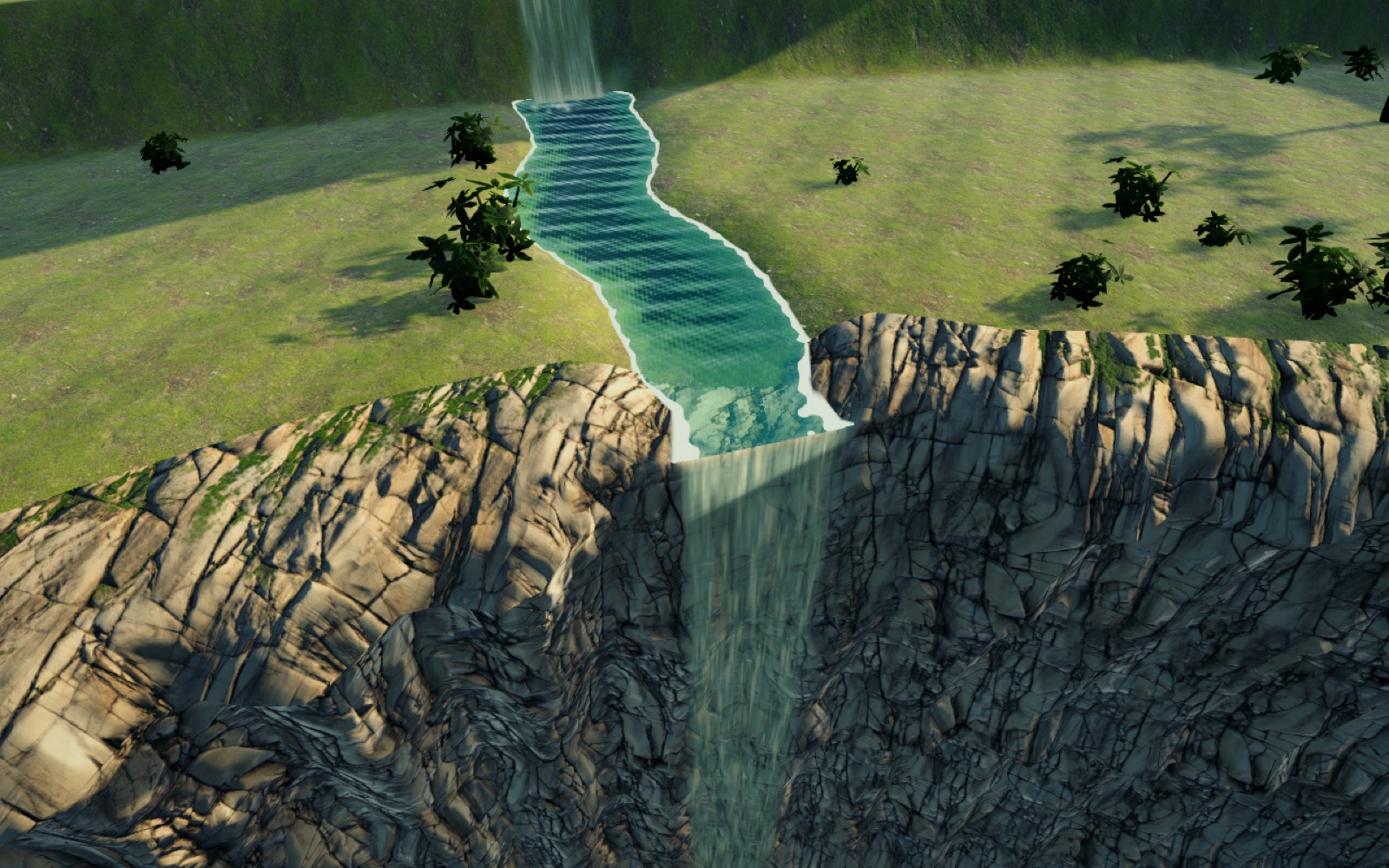 A stream over a notched weir, falling into the chasm